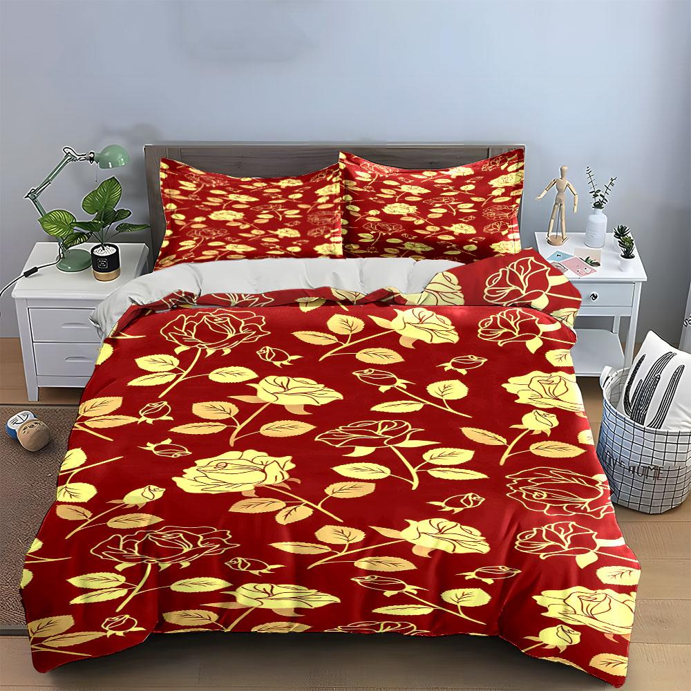 Golden Roses Pattern Design Bedding Duvet Cover Set Duvet Cover Pillowcases (1*Duvet Cover 2*Pillowcases, Without Duvet Insert)