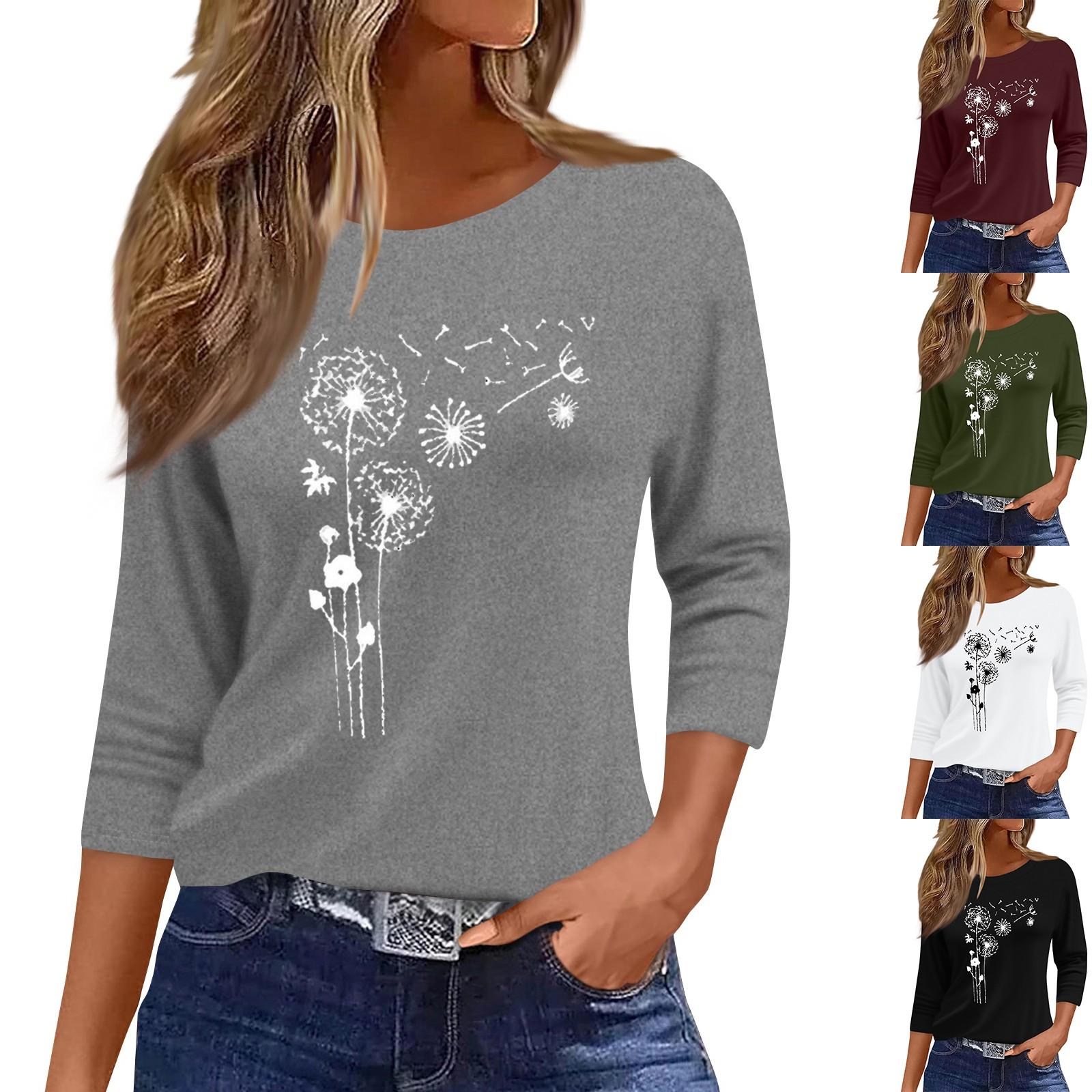 

Women s Fashion Casual Round Neck 3/4 Sleeve Loose Printed T-Shirt Ladies Top S білий