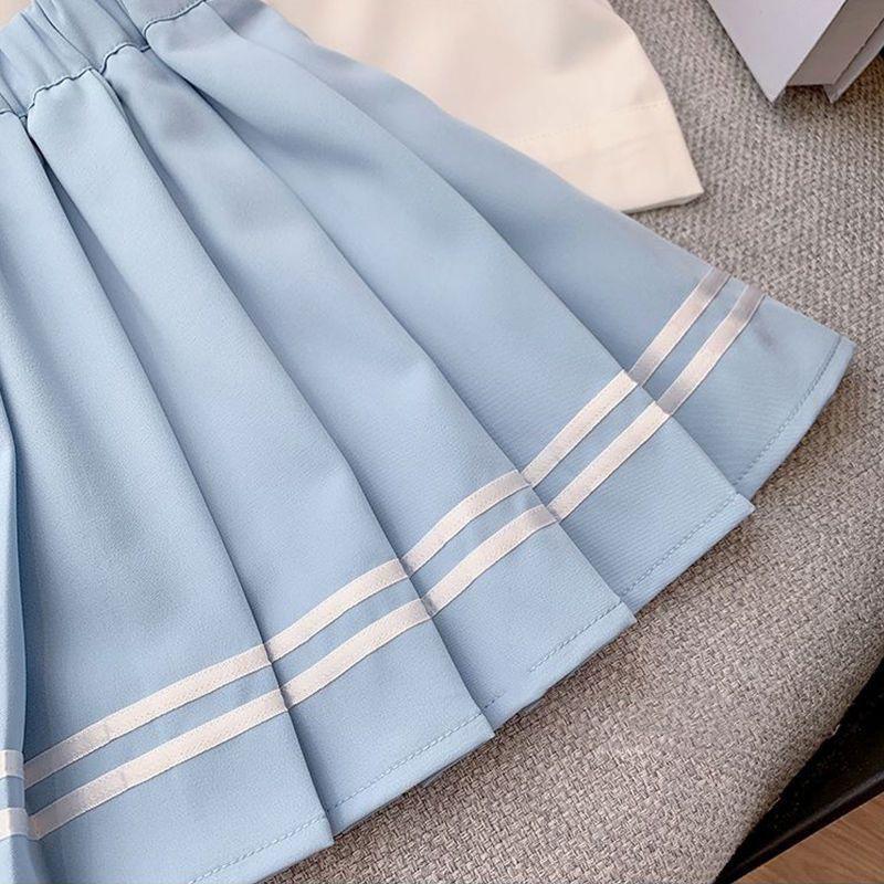 Summer Children Girls Student Set JK Mandarin Collar Tshirts and Pleated Skirts Kid Bottom