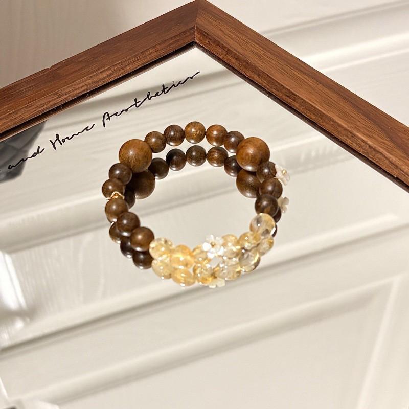 Handmade Wooden Bracelet With Amber Crystal Shell Flower Beads Zen Style Boho Charm Women New Chinese Aesthetic