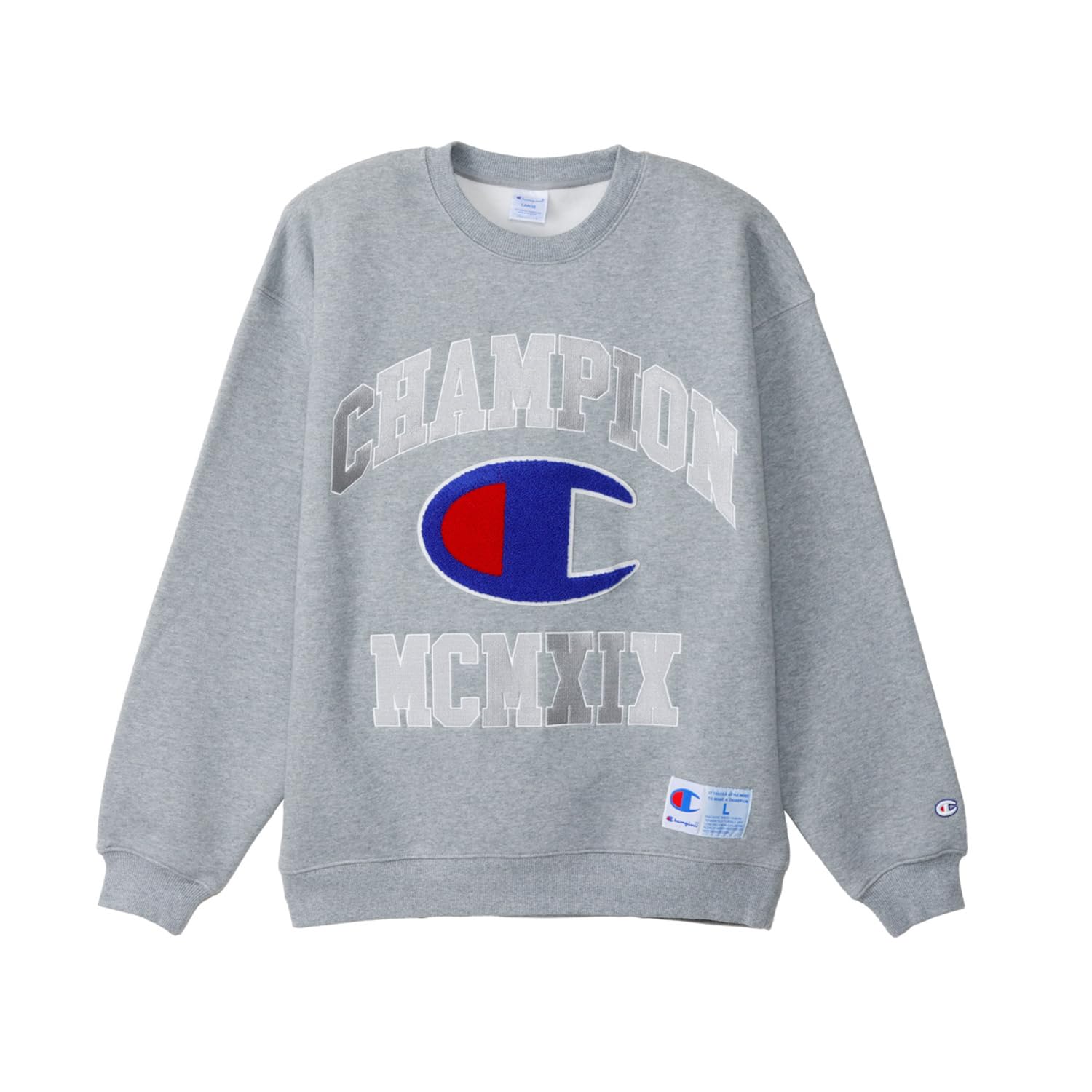 

Champion ACTION STYLE Long Sleeve Crew Neck Sweatshirt with Embroidered and Chenille Oxford Gray C3-A030 Men s Patches,