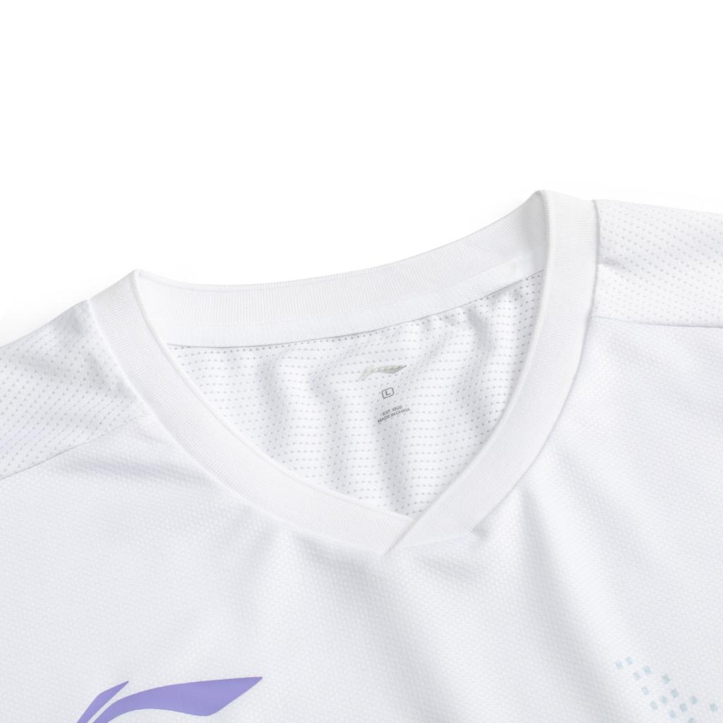 Li Ning Badminton Series Striped V-Neck Soft Comfortable Breathable Versatile Short Sleeve T-Shirt Unisex Tops Standard-White AAYV167-2