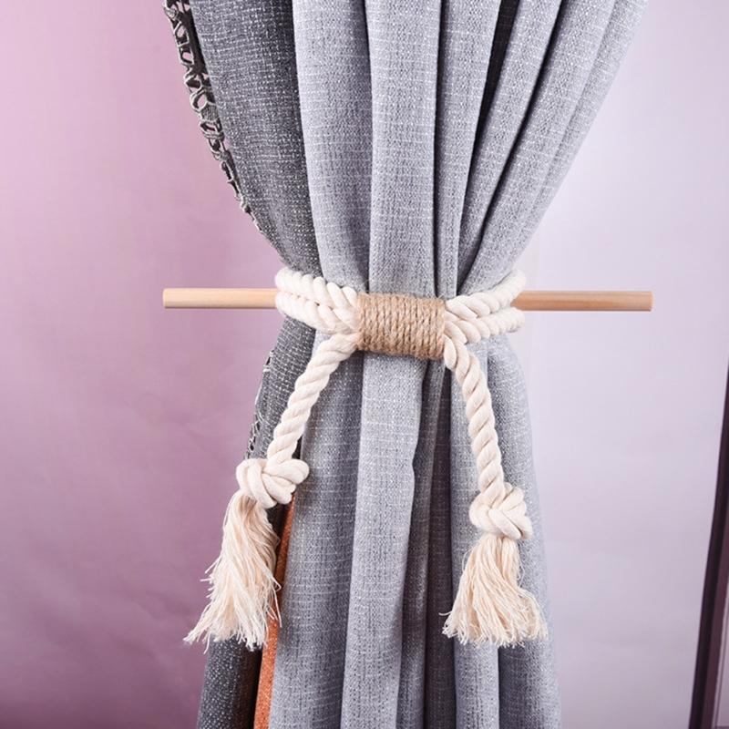 4 Pack Wood Stick and Braided Cotton Linen Rope Curtain Ties for Living Room Bedroom Window Drape Tiebacks Holdbacks