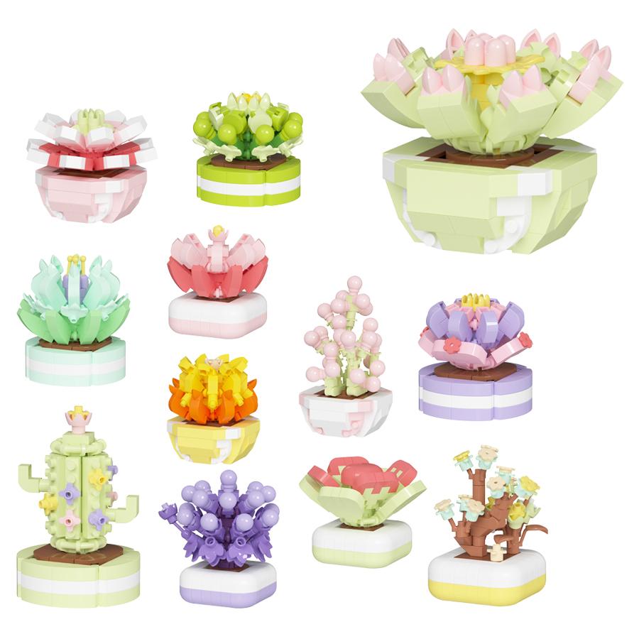 Non-Toxic Carden Toys Potted Succulent Cactus Mini Building Blocks Children Toys Flowers Blocks Thanksgiving Gifts