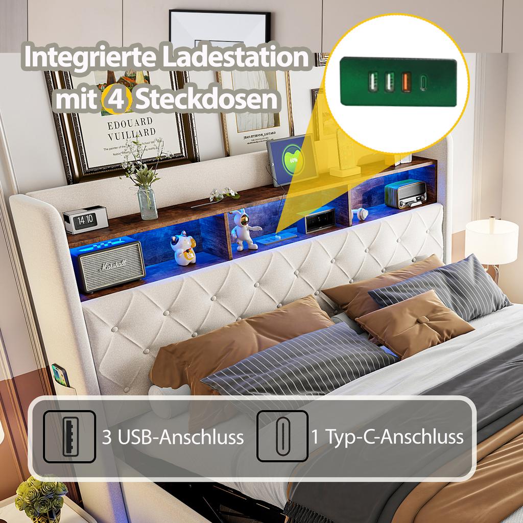 LED Gestoffeerd Bed 180 x 200 cm, Gestoffeerd Opbergbed met USB-oplaadpoort en Hydraulische Opbergruimte, Huidvriendelijke Linnen Stof, Beige