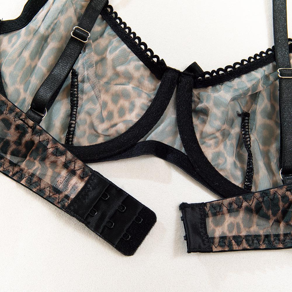 French Leopard Print Mesh Push-up Bra and Panty Lingerie Set