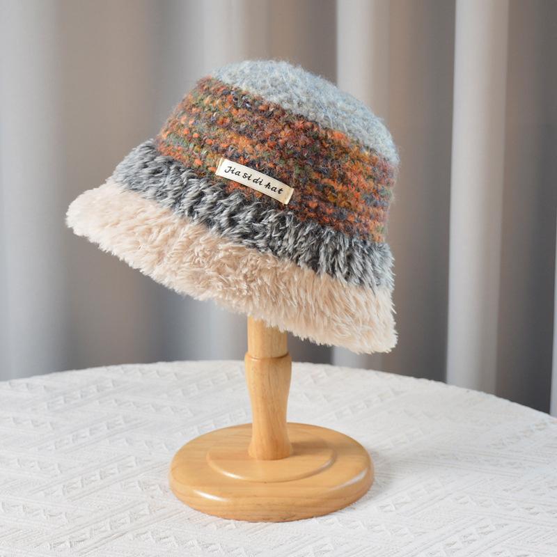 Women Autumn Winter Warm Thicken Ear Protector Hat Cold Velvet Knitted Fisherman Hats Sweet Cute Stripe Bucket Cap