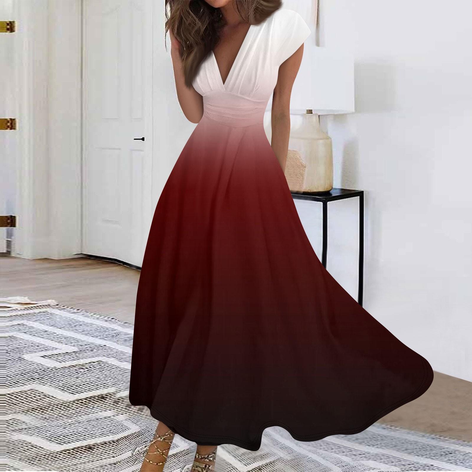 

Women s Fashion Casual Pleated V-Neck Swing Ruffle Short Sleeve Drawstring Gradient Dresses L винний