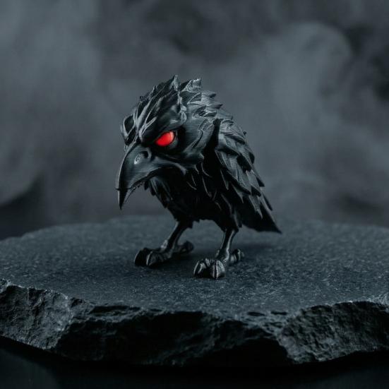 3D Printed Dark Crow Figurine, Spooky Raven Statue Sculpture, Realistic Miniature Bird Ornament for Halloween Home Office Decoration