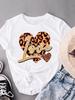 (Asian Size) Leopard Love Heart Women's Top Print O-neck Short Sleeve T-shirts Fashion Female Casual T Clothing Graphic Tee