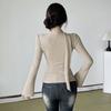 Women's Beige Mock Neck V-Neck Blouse Flare Sleeve Ruffle Detail Slim Fit Top