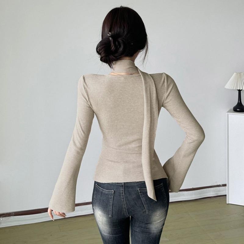 Women's Beige Mock Neck V-Neck Blouse Flare Sleeve Ruffle Detail Slim Fit Top