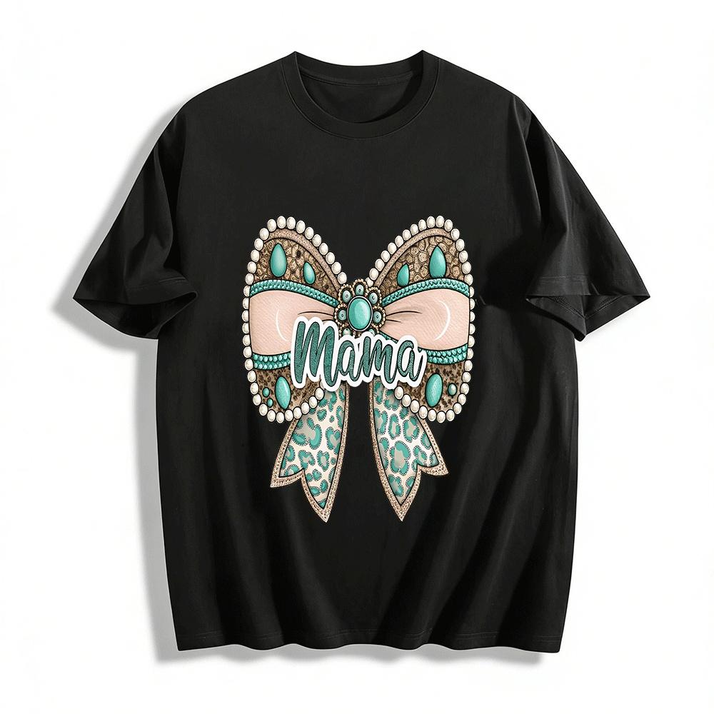 Western Turquoise Pearl Bow Mama Print Casual Top Pure cotton T-shirt XXS