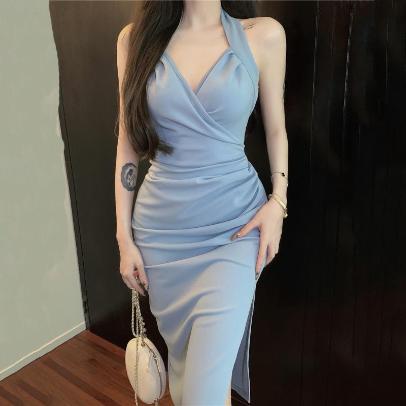 Pure Desire Sexy Hanging Neck Strap Dress Women's Summer Dress French High End Elegance and Temperament Long Waist Waist Split Wrap Hip Skirt