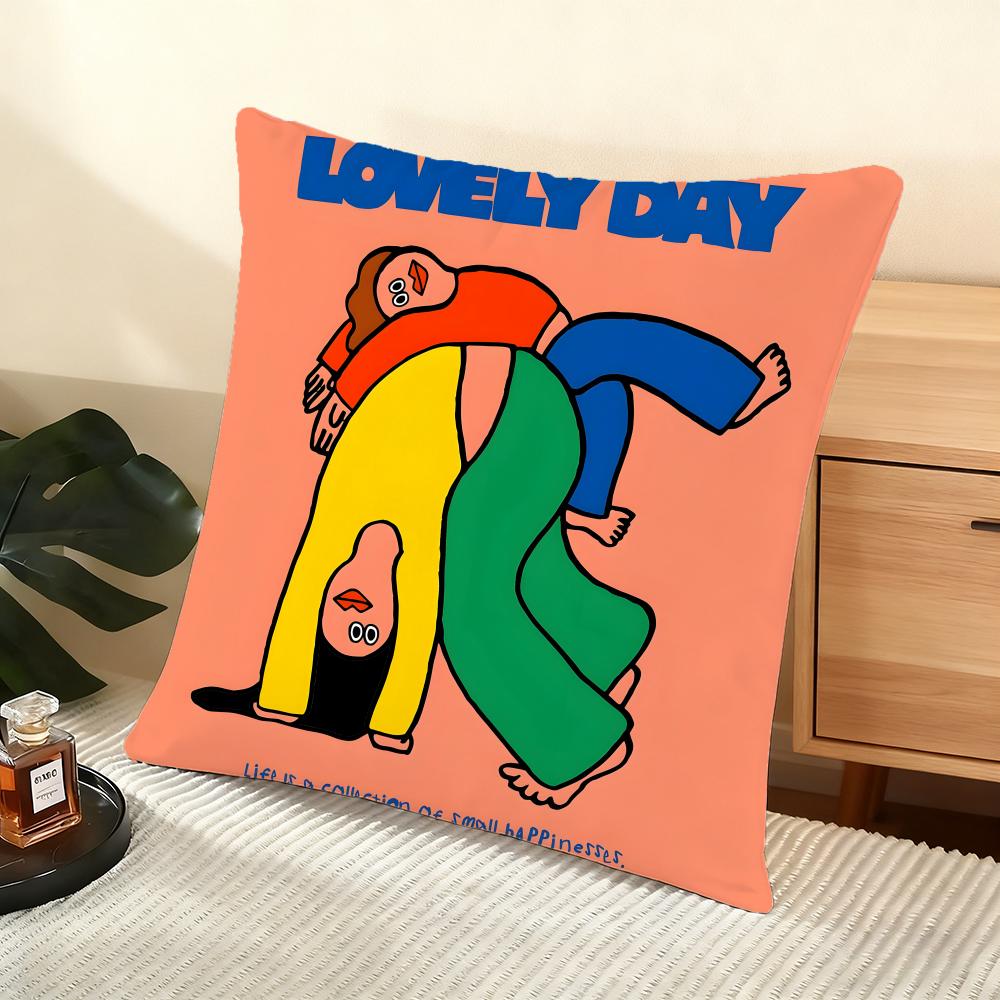 Flat Illustration Cushion Cover Silky Short Plush Home Sofa Cushion Cover - Invisible Zipper Home Decoration