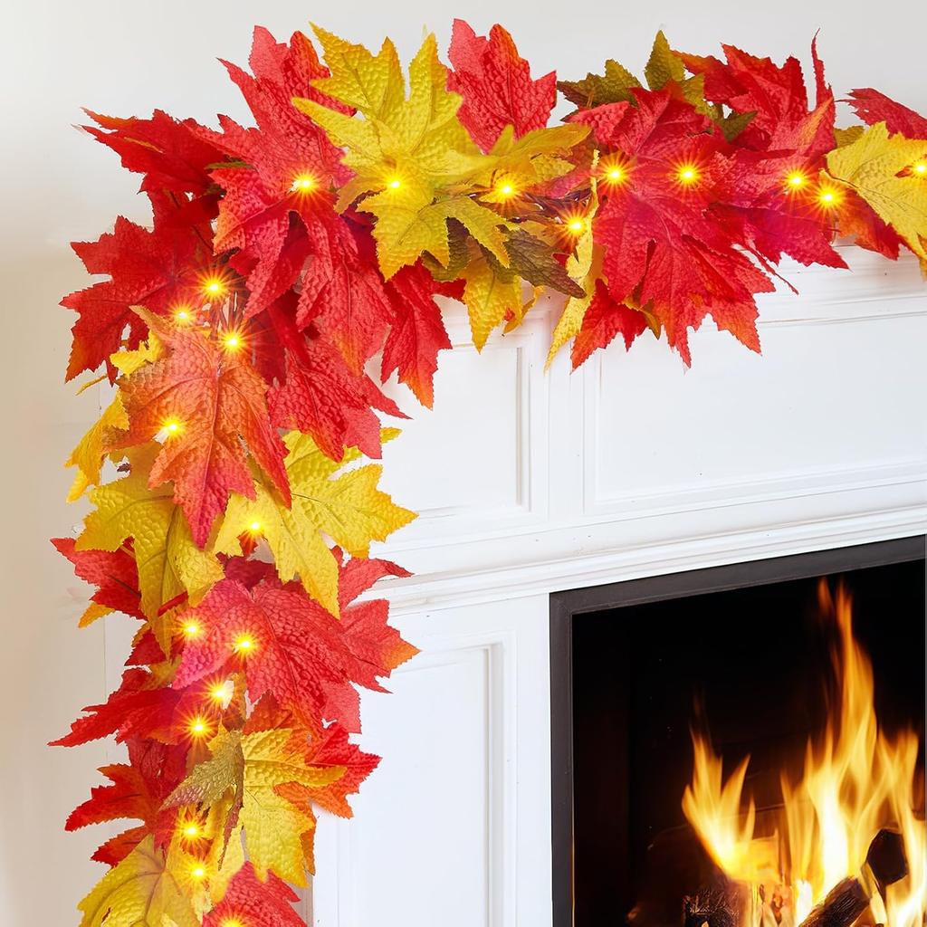 Thanksgiving Decorations for Home Large Maple Leaves 9Ft Plug in Thanksgiving Garland with Lights 50 Orange Bulbs UL Certified Connectable Fall