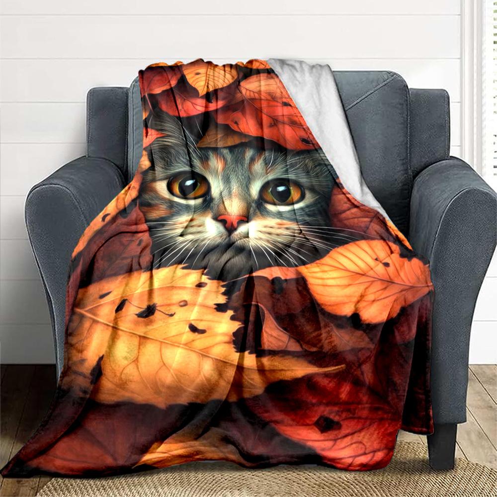 1pc Autumn Leaves, Cat Blanket Lightweight Flannel Blanket Throw Blanket For Sofa, Bed, Travel, Camping, Livingroom, Couch, Chair, And Bed yy250902616 100x150cm