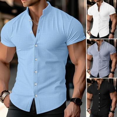 Men Summer Shirt Stand Collar Solid Color Single-breasted Slim Fit Cardigan Short Sleeves Soft Breathable Mid Length