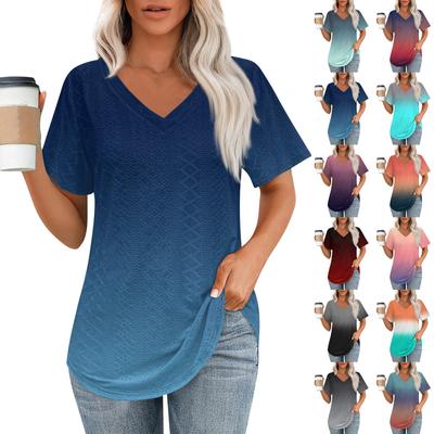 Damen-T-Shirts mit V-Ausschnitt, kurzärmelig, lässige Oberteile, lockere Passform, Basic-T-Shirts mit abgerundetem Saum