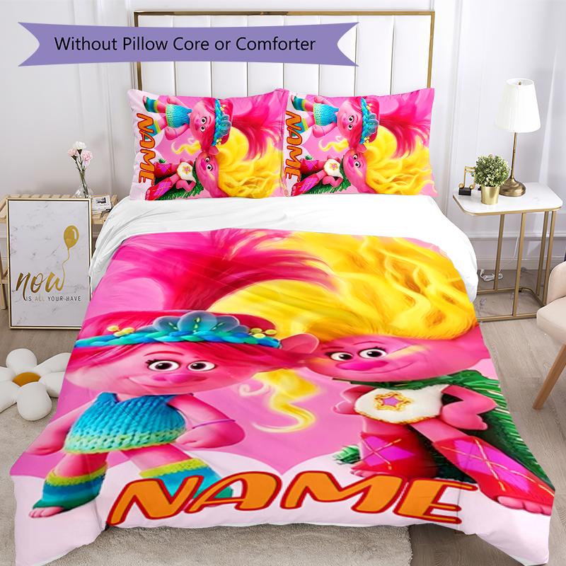 3pcs Custom Name Trolls Bedding Set Duvet Cover Closure Includes 1 Duvet Cover & 2 Pillowcases for All Seasons Bedroom Decor