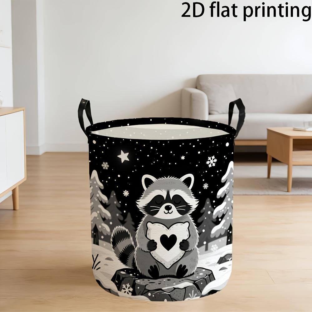 1pc, Printed Foldable Laundry Basket, Winter Raccoon Heart Pattern, Sturdy Handle, Large Capacity Circular Storage Bucket, Suitable for Home Organizat