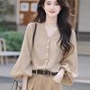Women's Long Sleeve Blouse V Neck Balloon Sleeve Shirt Loose Temperament Commute Top For Spring