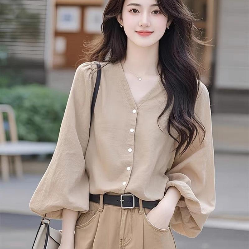 Women's Long Sleeve Blouse V Neck Balloon Sleeve Shirt Loose Temperament Commute Top For Spring