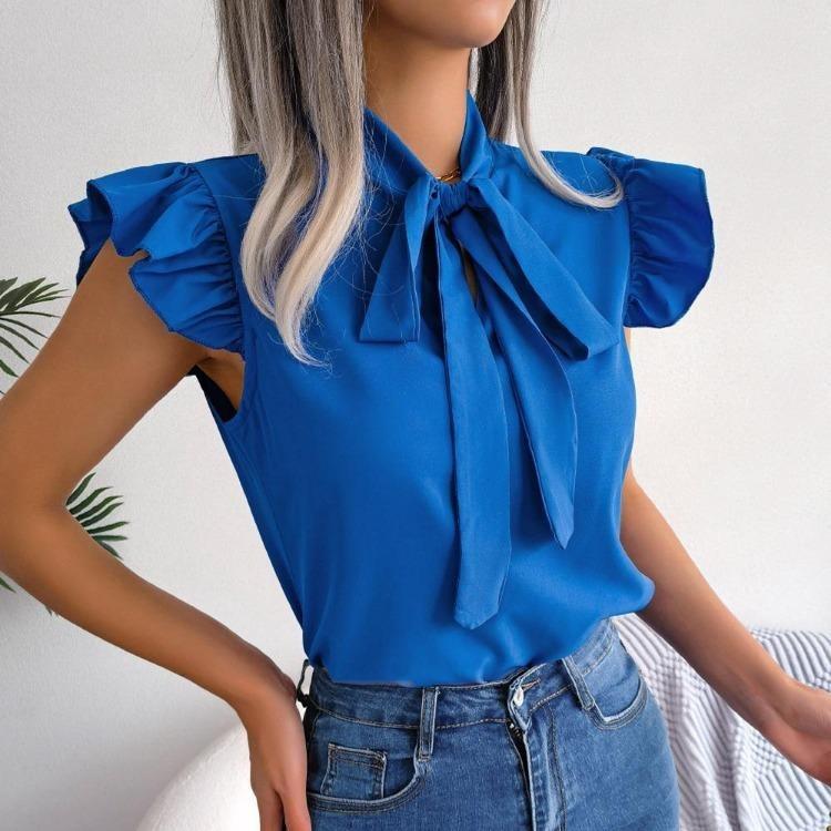 Chiffonbluse Damen Schleife Tops Schnürhemd Temperament Frühling Sommer Pendler Holzohr