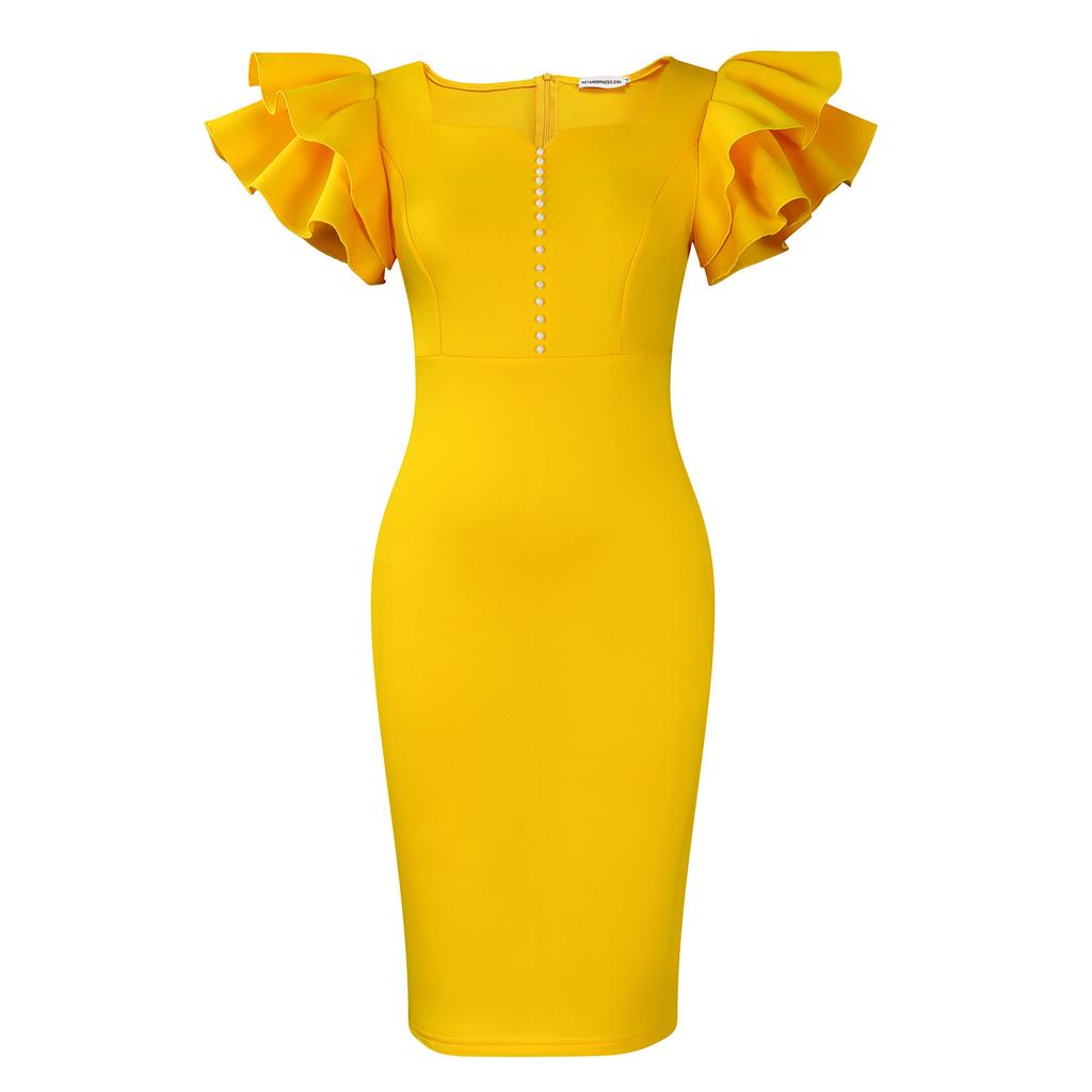 Summer Fashion Women's Nail Bead Lotus Leaf Sleeve Hip Wrap Banquet Dress Dress