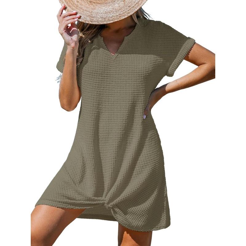 JPNTKY Women's Fashion Summer Spring Solid Color Print V-Neck Short Sleeve Casual Dresses
