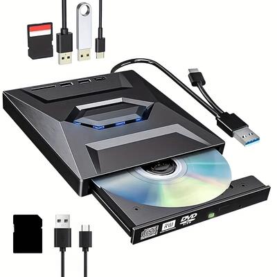 External For CD DVD  /-RW Drive With SD Card Reader And USB 3.0 2.0 Type-C Input Port, CD/DVD Burner Player Burner Optical Disc Drive