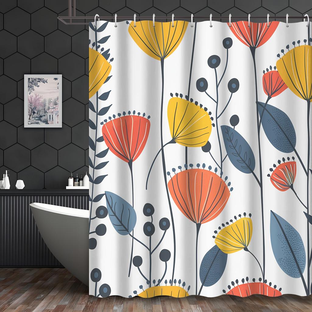 1pc Boldly colored floral shower curtain, made of polyester, machine washable, with hooks, suitable for bathroom décor.