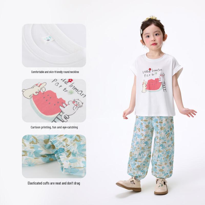 Girls' Cartoon Print Short Sleeve Anti-mosquito Pants Set