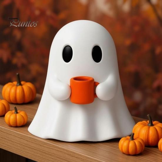 Decorazione Casa di Halloween Fantasma che Beve Caffè Statuetta, Stampato 3D Carino Bianco Che Tiene Una Tazza Statua Stagionale Autunnale, Decorazione Spettrale per Bar, Banconi,