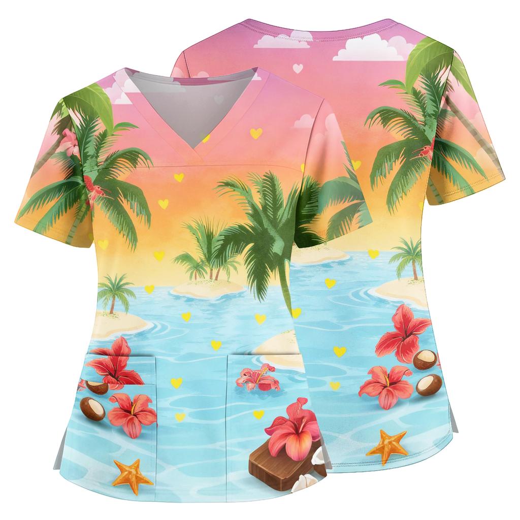 Women's V Neck Medical Scrub Top Hawaiian Print Short Sleeve Side Slit Pockets Nurse Uniform Shirt Lightweight Breathable Fabric