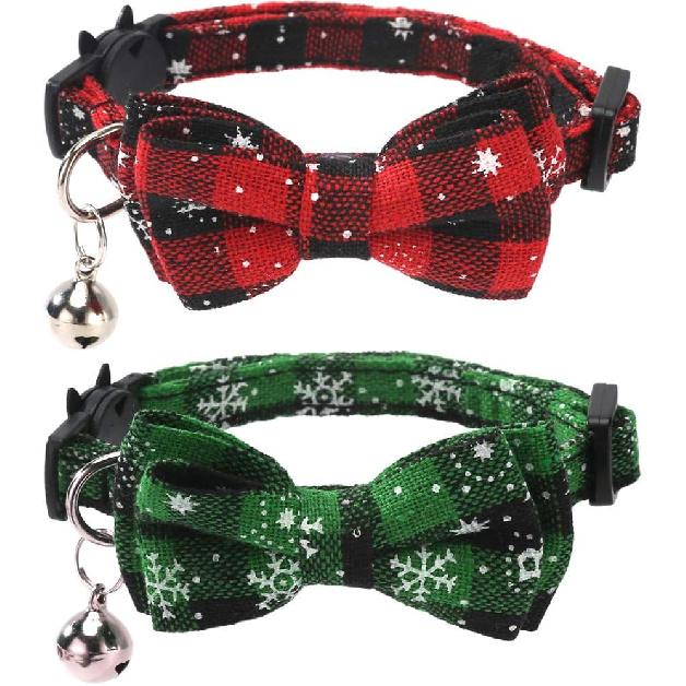 2 Pack/Set Christmas Cat Collar Breakaway with Cute Bow Tie and Bell for Kitty Adjustable Safety Plaid