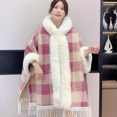 Mantello a scialle con cappuccio a quadri in maglia da donna con bordatura in pelliccia sintetica Caldo cappotto invernale