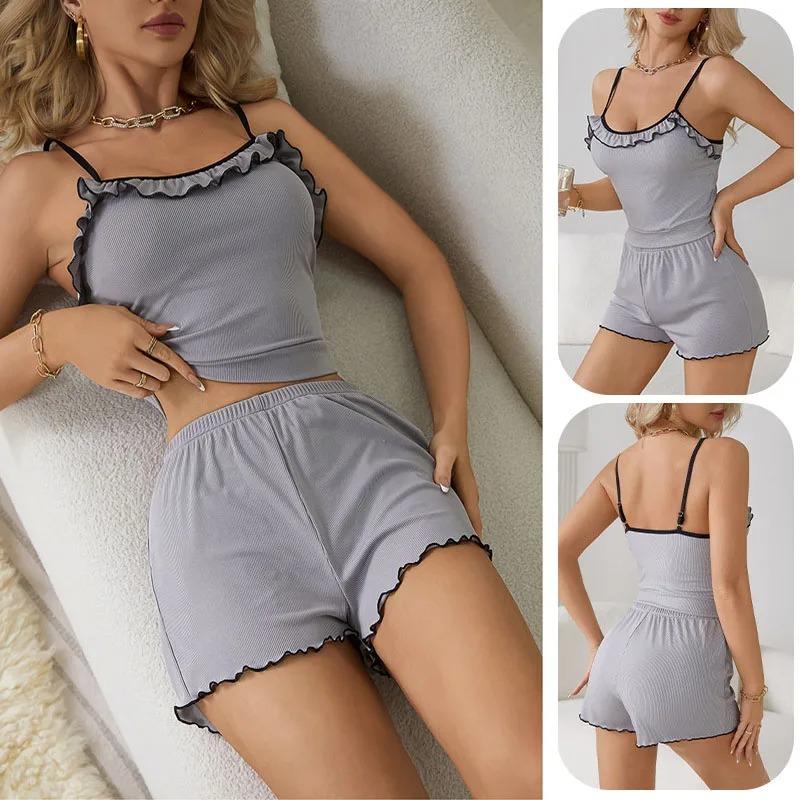Two-Piece Set School Pajamas Women Loungewearsexy Lace Halter Shorts Casual Comfortable Grey Girl Homewear Solid Sleepwear