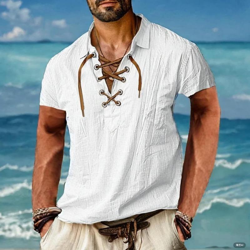 Men's Linen Shirts Long Sleeved Lace Up V Neck Casual Blouse Spring Summer Thin Front Tees Tops Breathable Men Clothing