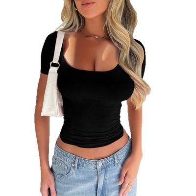 Top da donna a maniche corte sexy e snellente a tinta unita con scollo rotondo