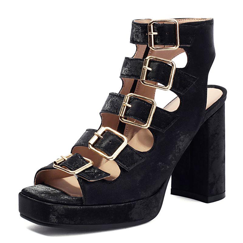 

Design Women Fashion Sandals Square Toe High Heels 9.5cm Platform 2cm Zipper Belt Buckles Metal Decor Big Size 45 46 39 чёрный