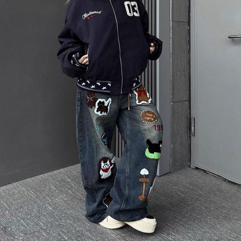 Vintage Cartoon Plüsch Bestickte Jeans Damen Frühling Neue Gerade Hose Hohe Taille Lässige Denimhose