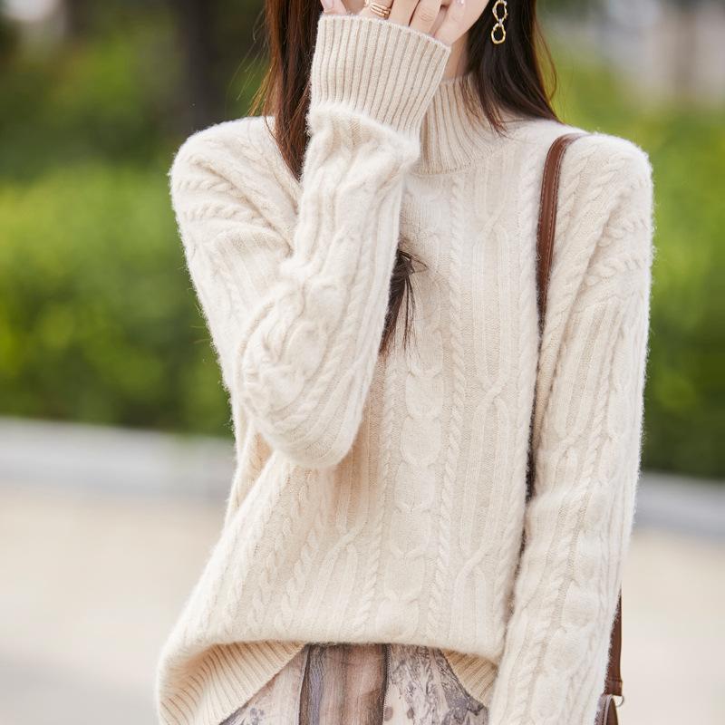 Autumn 100% Pure Wool Cable Knit Half-High Neck Sweater - Solid Color, Loose Fit