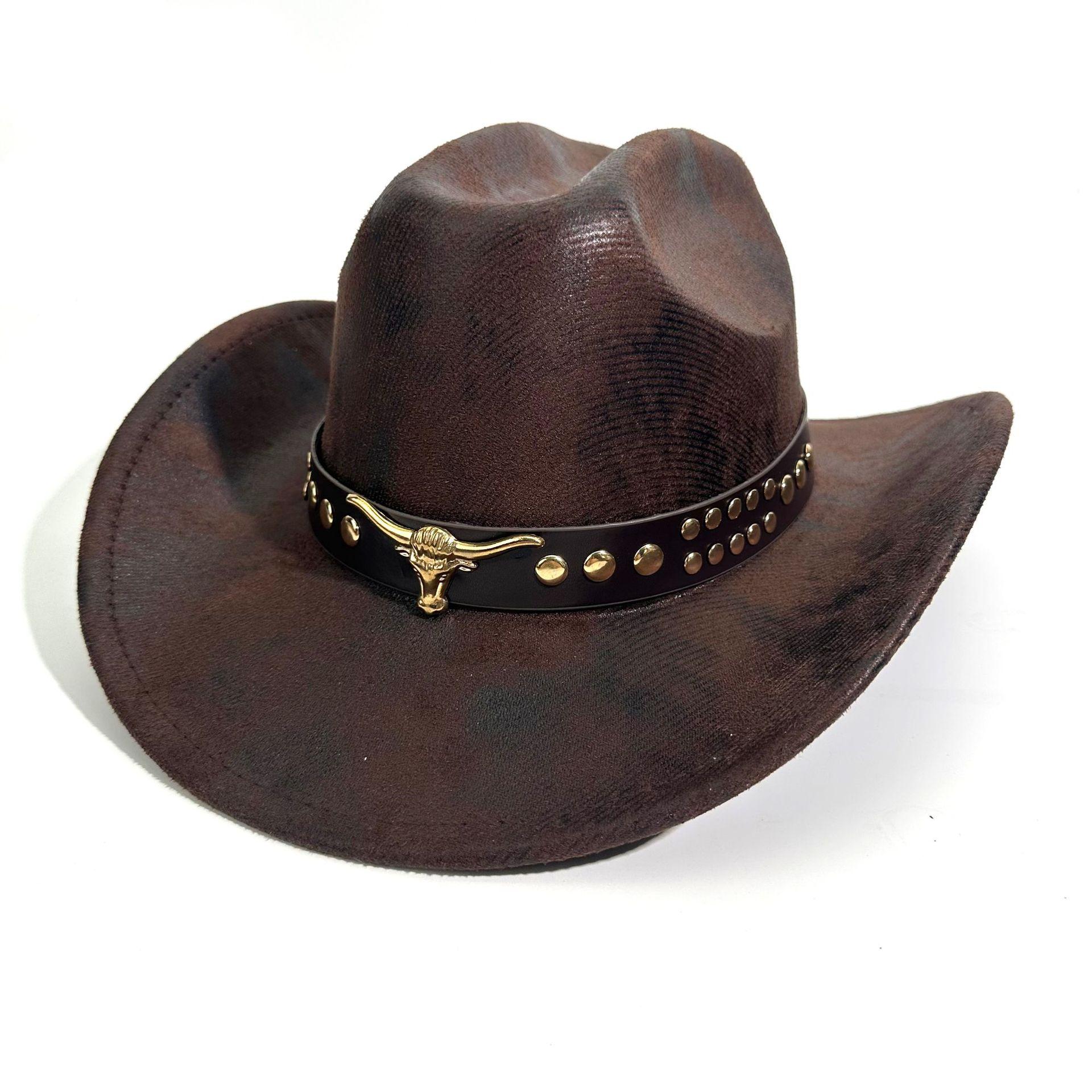 

Western Cowboy Hat, Retro Bull Head Accessories, Ethnic Style Jazz Hat, Sunscreen, Cowboy Top Hat. M（56-58cm） темно-коричневого кольору