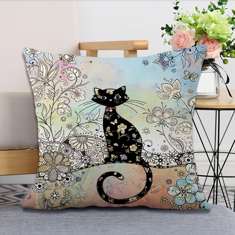 Funda de Almohada vintage francesa suave Cómoda gato negro caricatura para Sofá Sala de estar gato Habitación Hogar oficina Decoración Retro Cubierta Protectora