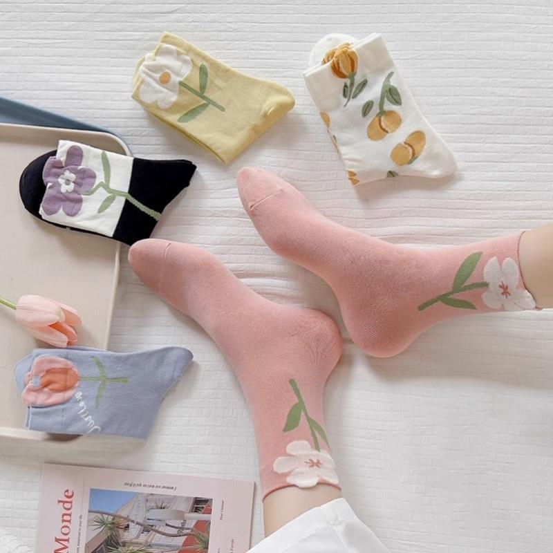 5 Pairs Flower Socks For Women Korean Cotton Cute Socks Style Middle Tube For Girl Breathable Casual Sweet Female Floral Socks