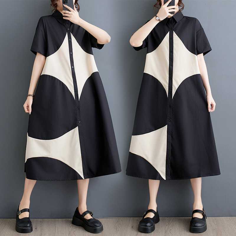 Summer Style Loose Large Size Print Splicing Casual Simple Sweet Short-sleeved Dress