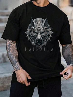 Été Nouveau T-shirt Homme Imprimé Motif Tête de Loup Viking Design Nordique Valhalla Doux et Respirant Col Rond Sports Homme T-shirt
