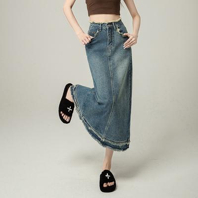Elegant Pear-shaped Retro High Waist Female Summer A-line Package Hip Straight Mid-length Burlap Versatile Comfortable Fashion Denim Bustier Skirt