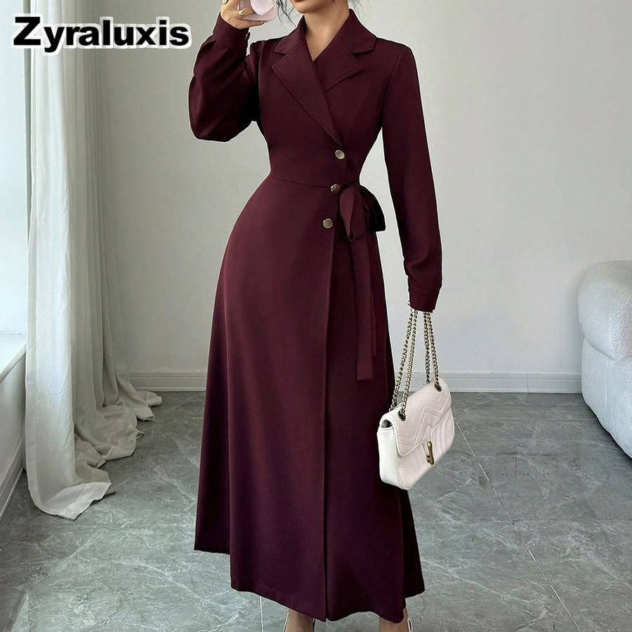 Women's Autumn Winter Suit Collar Long Sleeve Waist Belt Ruched Maxi Dress Formal Work Wear